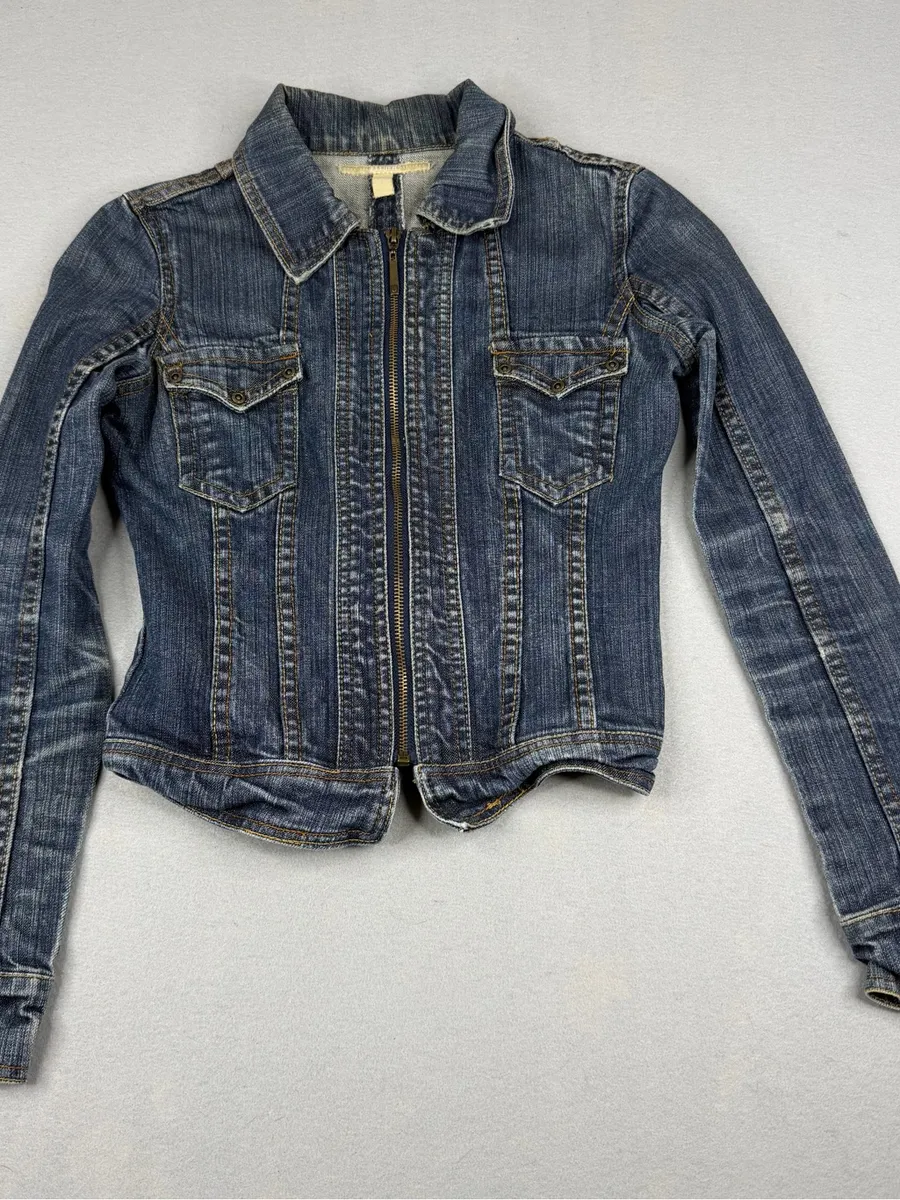 Eleven Y2K Fitted Zip Front Stretch Denim Jacket Blue Small Western