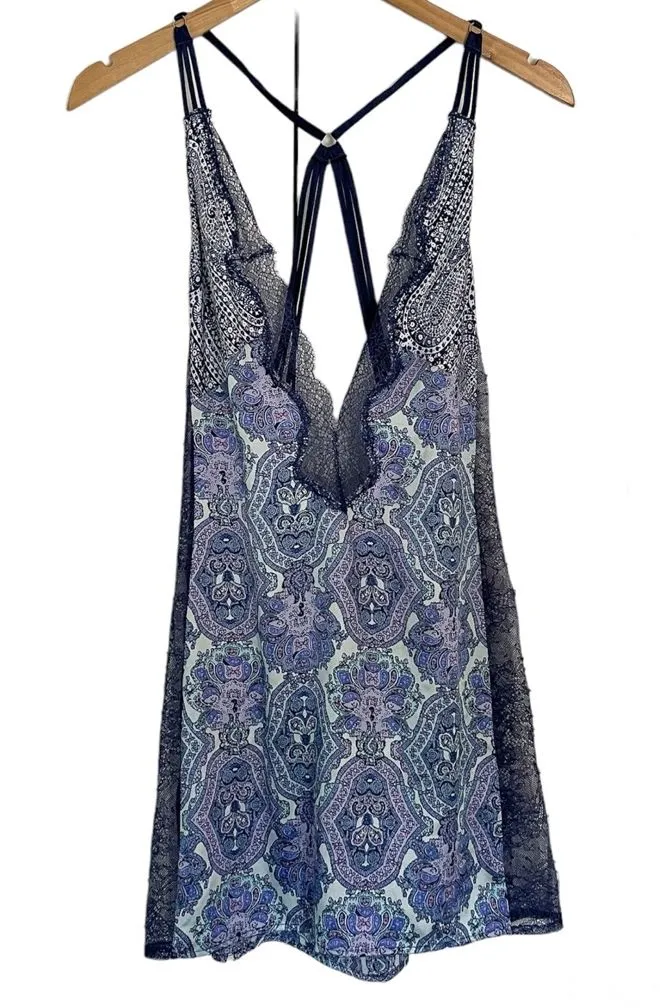 Victoria’s Secret Deep V Satin Lace Paisley Print Slip Dress Intimates Sz Medium