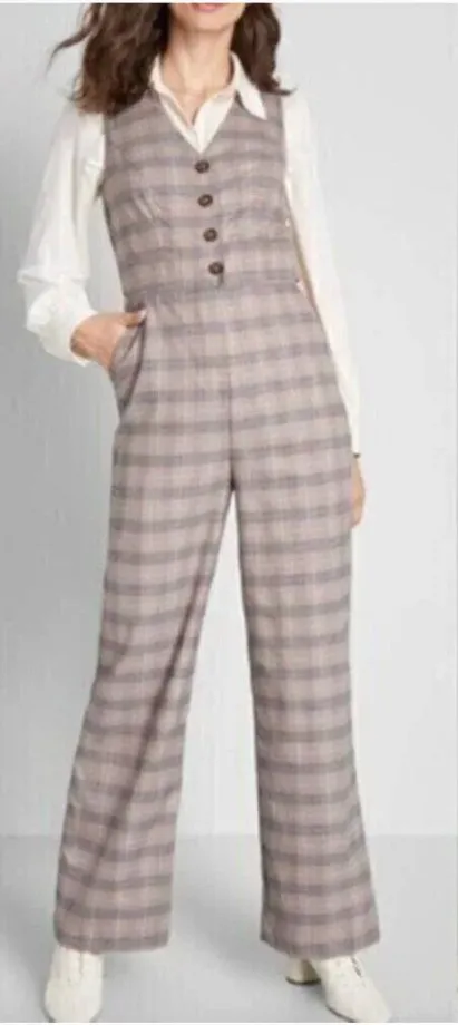 NEW NWT MODCLOTH Plaid Appeal Vest Jumpsuit Tan Brown Blue Sleeveless Retro 70s