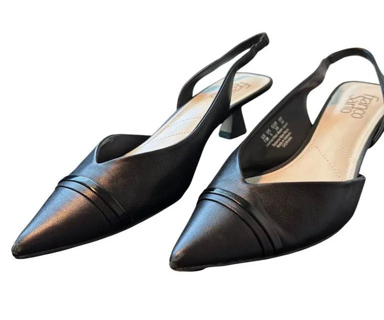 Franco Sarto Black Leather Dorian Heels Slingback Pointed Toe Kitten Heel Sz 7.5
