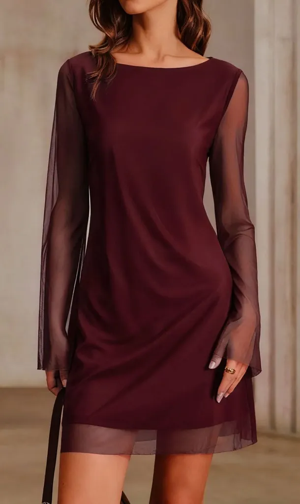 Rihoas Wine Red Boat Neck Mesh Mini Dress Size M