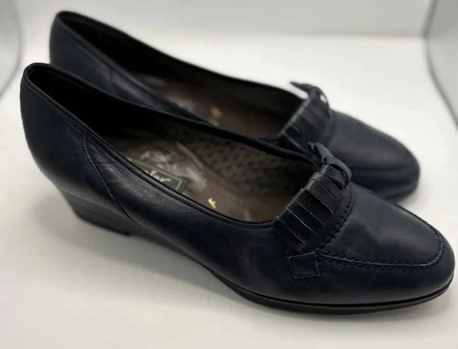 Semler Navy Blue Leather Kiltie Wedge Loafers Womens Size 6 F Made in Germany