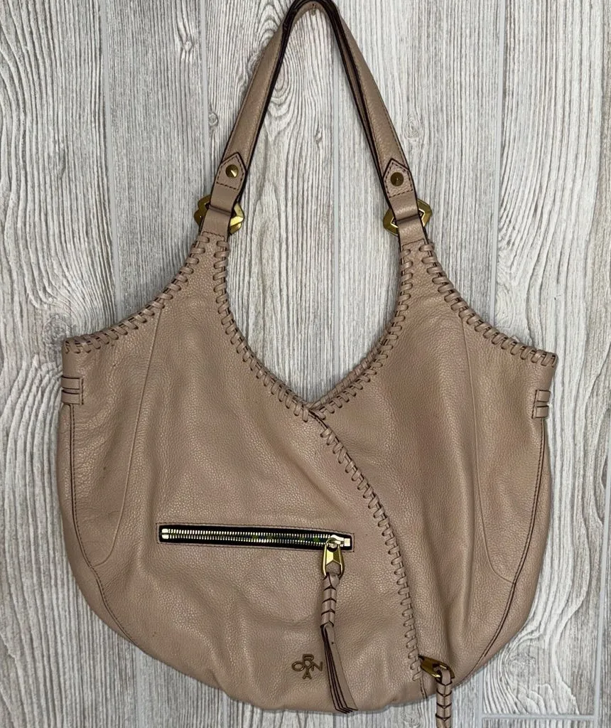 orYANY Taupe Leather Hobo Bag with Gold Details and whipstitching Tan