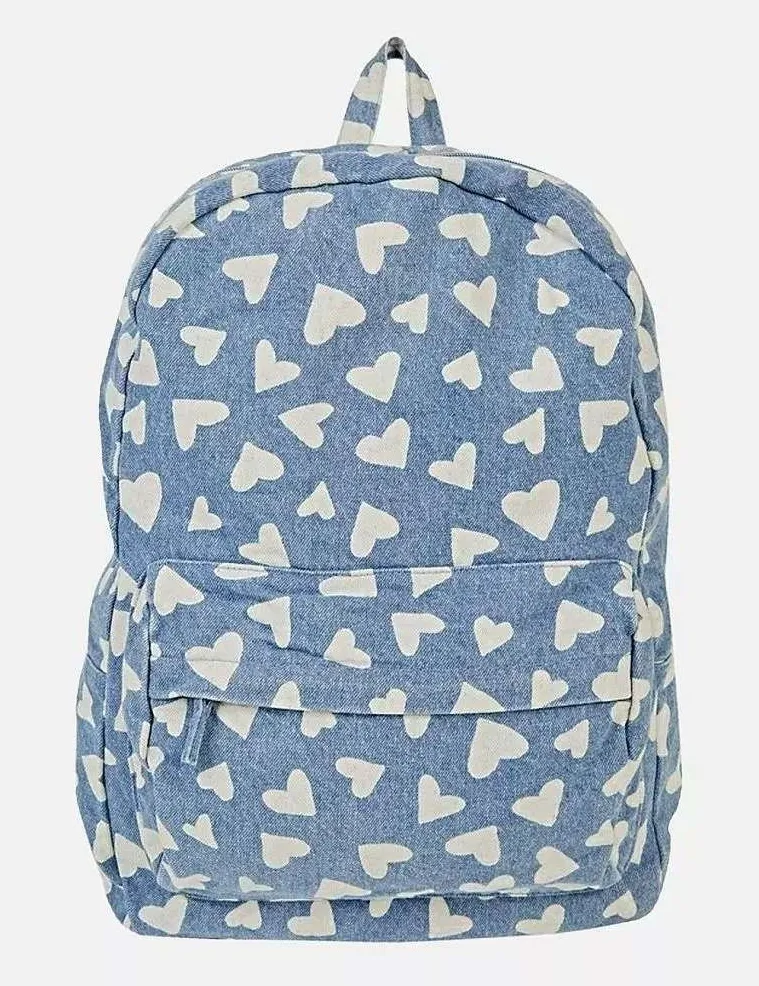 Billabong Denim Heart Print Backpack Blue White Adjustable Straps School Bag