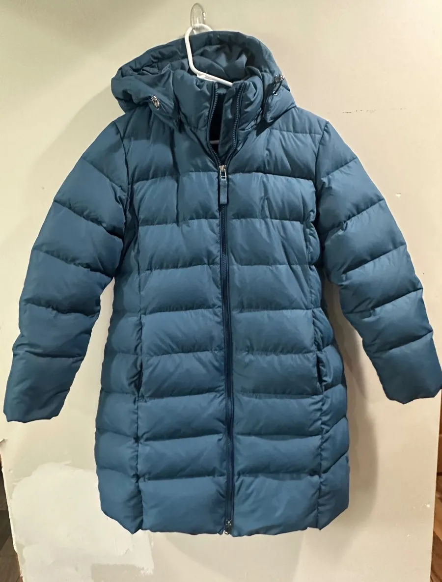 Lands End Womens Teal Blue Down Puffer Parka Hooded Quilted Winter Coat Small