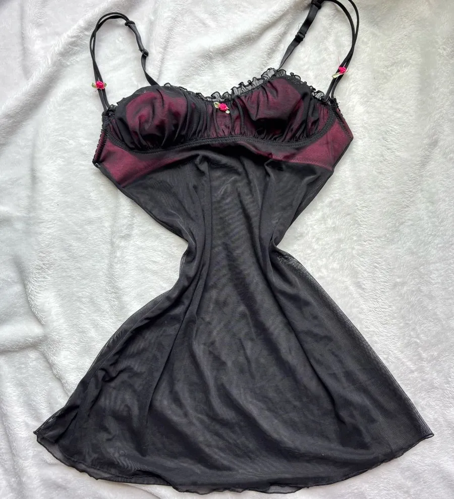 Black micro mesh & hot pink lining floral cami top / nightie slip dress lingerie
