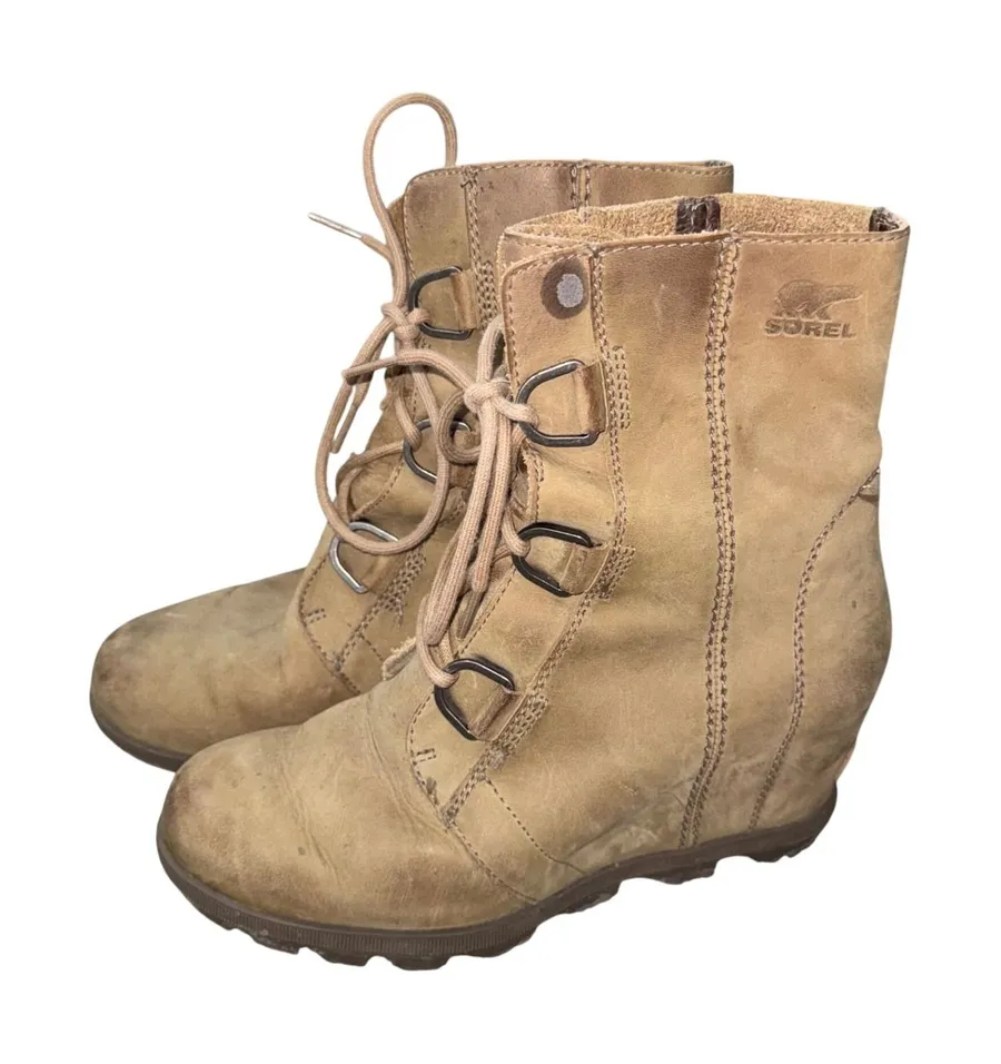 Sorel Joan of Arctic Wedge Boots Women 79 Tan Leather Good Lace Up NL1988-245