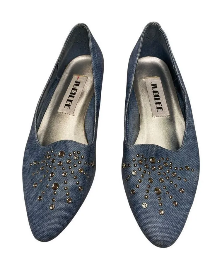 Vintage Jubilee Womens 7M Blue Denim Stud Embellished Peach Ballet Shoes Western Size 7