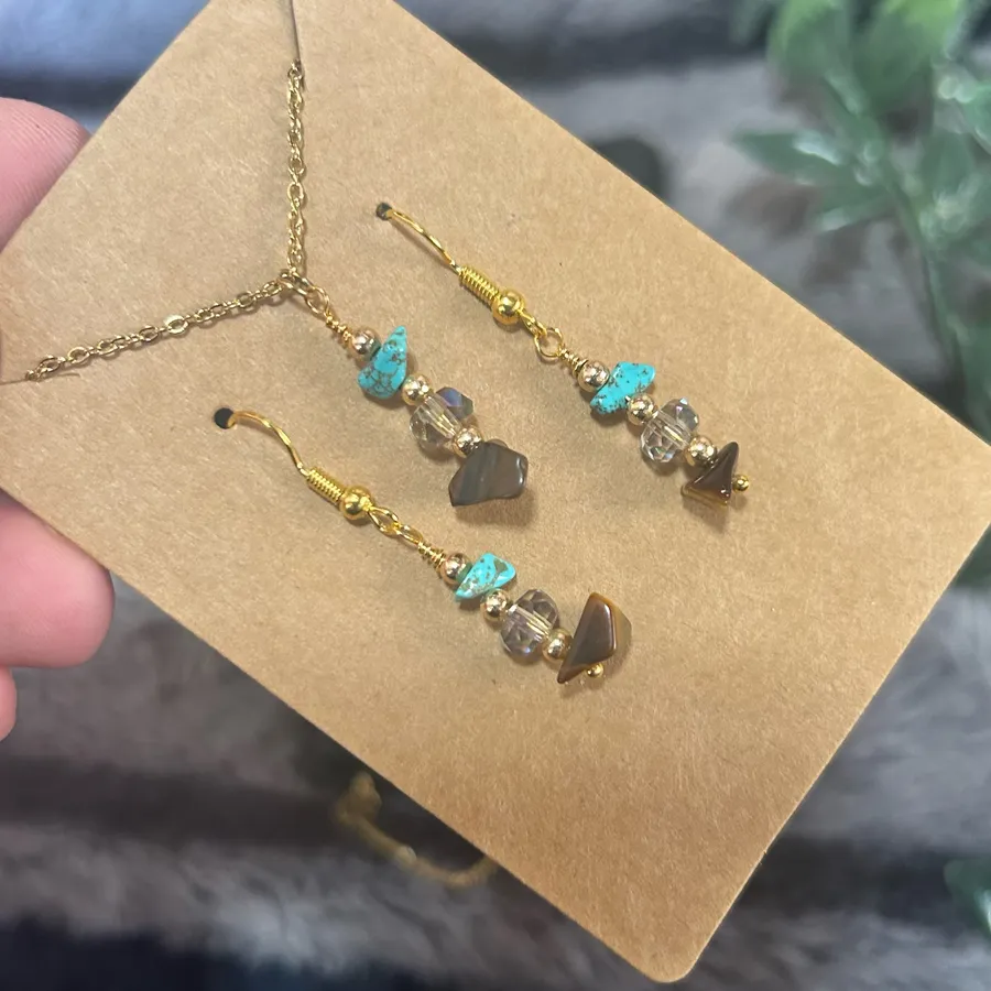 Handcrafted tigers eye turquoise crystal necklace and earring set