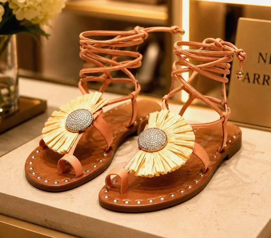 Free People Sunrays Raffia Wrap Sandals Natural size 9
