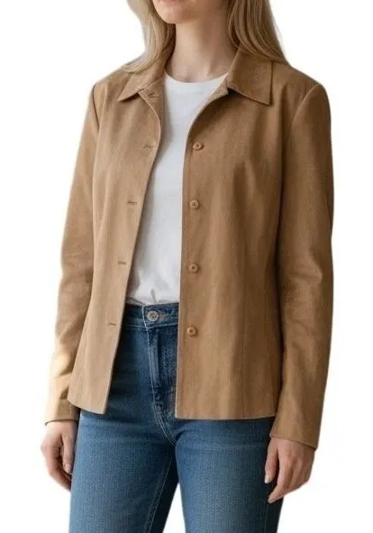 Vintage Talbots Faux Suede Jacket Womens Camel Tan Button Front Blazer Lined