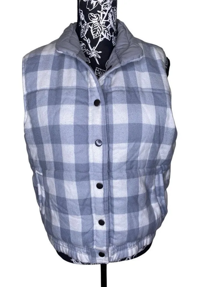 Plaid Puffer Vest Gray White Snap Front Cropped Casual Womens Medium Outdoors