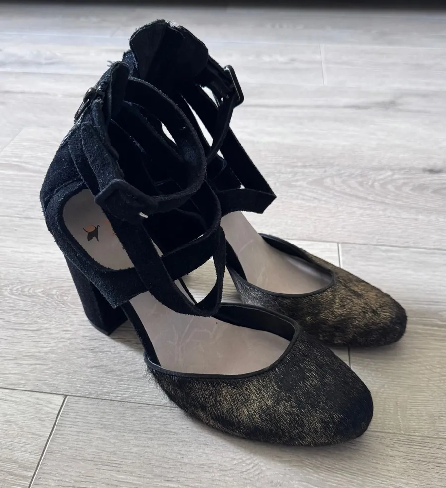 Farylrobin Size 10 Black Suede Calf Hair Multi Strap Block Heel Caged Pumps