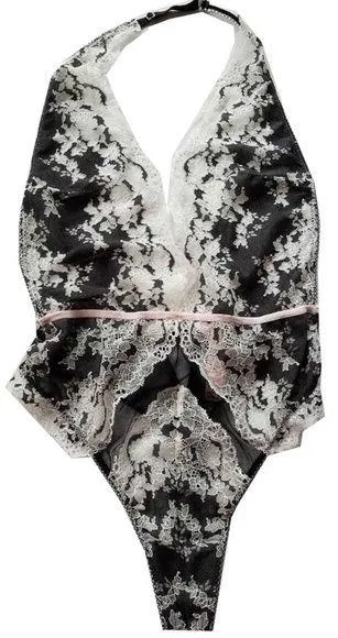 Victoria's Secret Very Sexy Floral Lace Halter Plunge Teddy Medium Black White