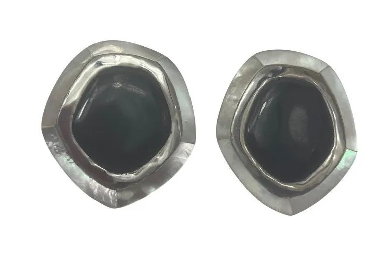 Vintage Sterling Silver & Black Onyx Earring Geometric Design A94