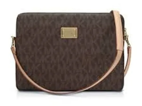 Michael Kors Womens Crossbody Bag Medium Brown Coated Canvas Fulton Logo Plate