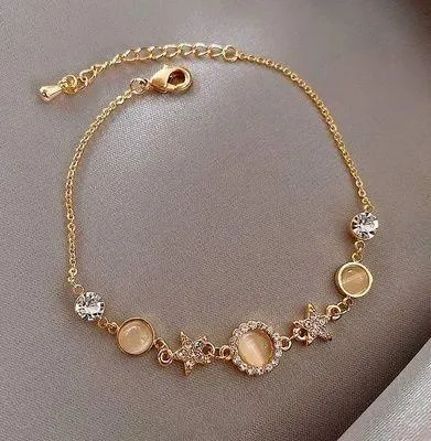 18K Gold Plated Cat's Eye Stone Crystal Start Charm Bracelet for Women