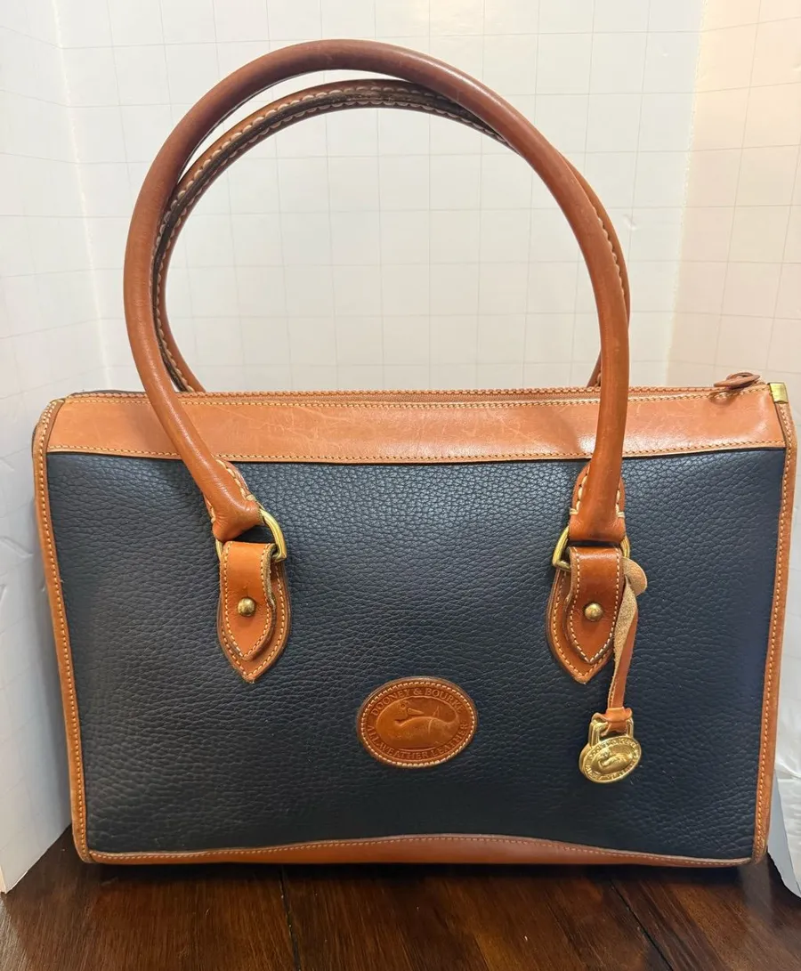 Vintage 90s Dooney & Bourke Navy All Weather Leather Satchel Bag British Tan