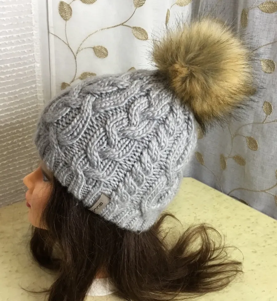 Bula Knit Wool Blend Beanie hat with faux fur Pom Pom Gray