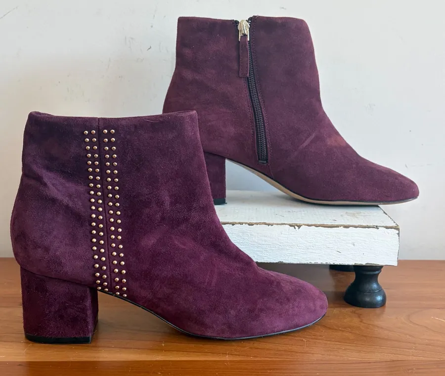 White House Black Market Zeek Plum Suede Studded Block Heel Ankle Boots 7.5M