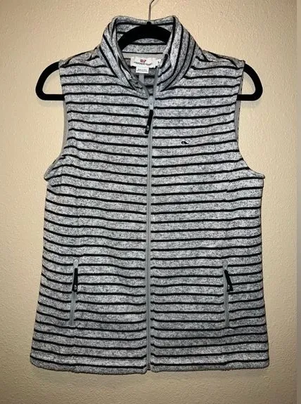 Vineyard Vines grey black striped full zip knit vest sz small zip pockets logo