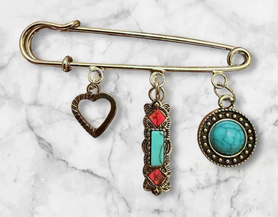 Silver Turquoise & Coral Dangle Safety Pin Brooch by Blue