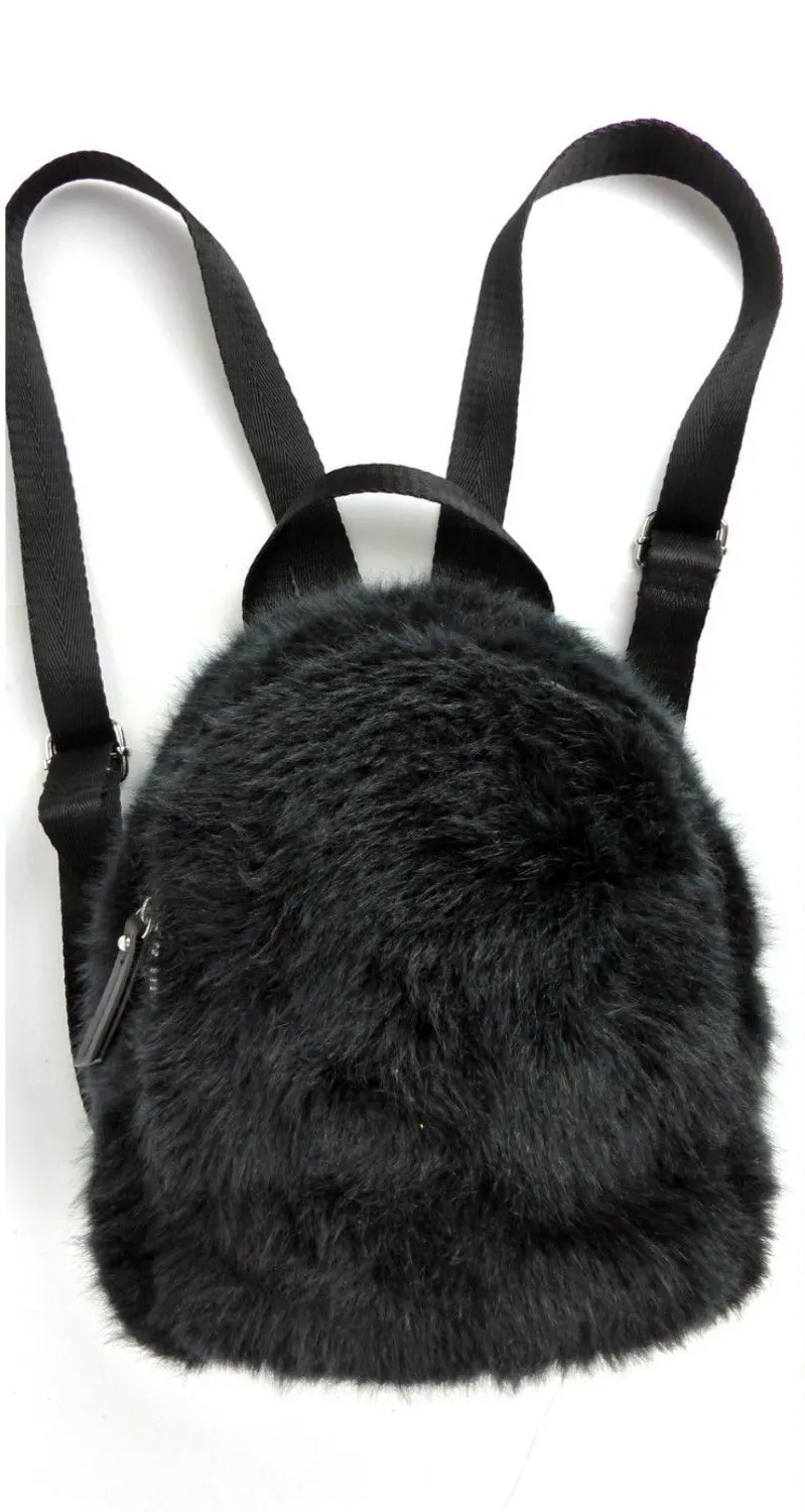 Primark Black Faux Fur Mini Backpack Round Goth Y2K Festival Bag Witch Grunge