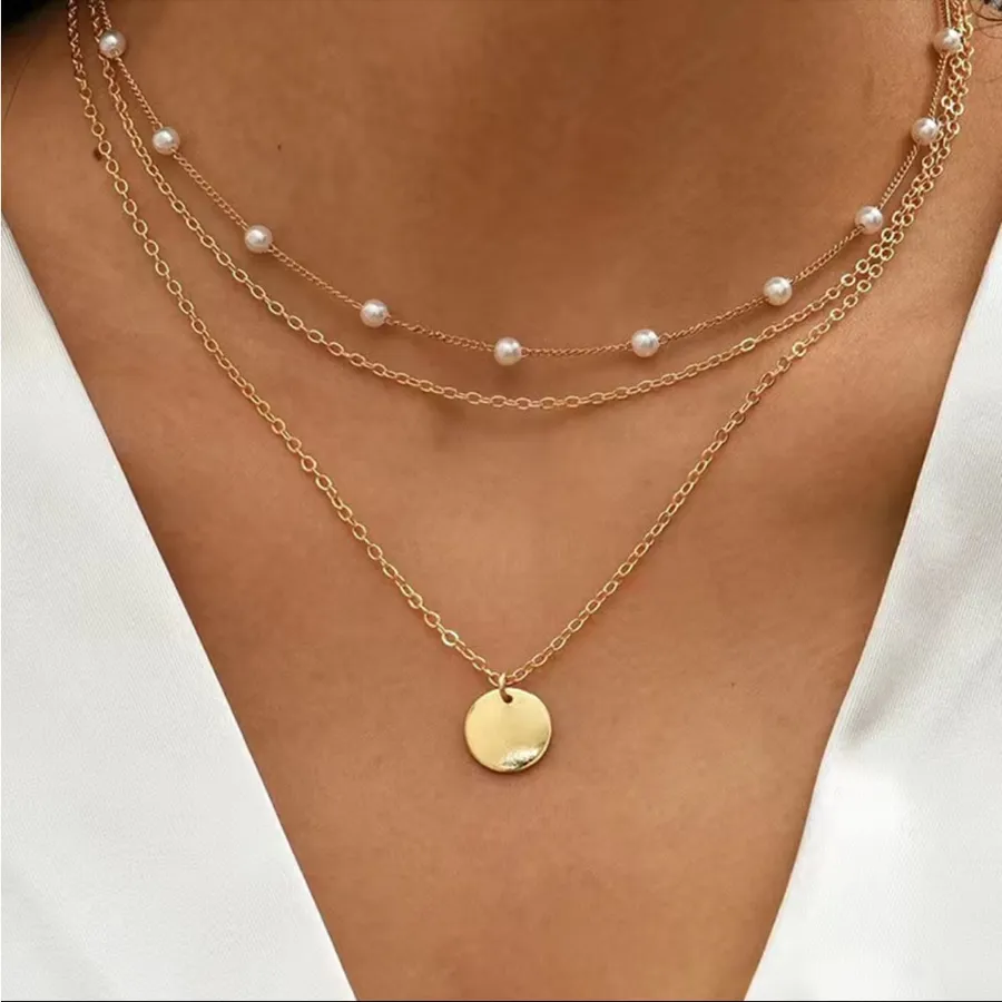 New Elegant Crystal Faux Pearl Pendant Necklace Layered Pearl Chain