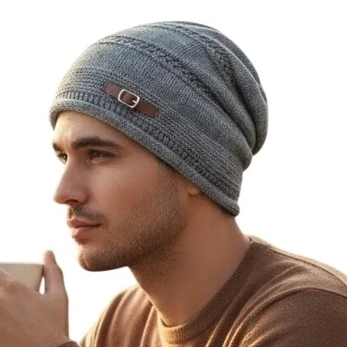 Gorro De Punto Holgado Gris Para Invierno Con Hebilla Forrado Talla Única Gray