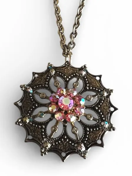 Artisan Crafted Starburst Rhinestone Flower Pendant Necklace Vintage Style NWT Gold