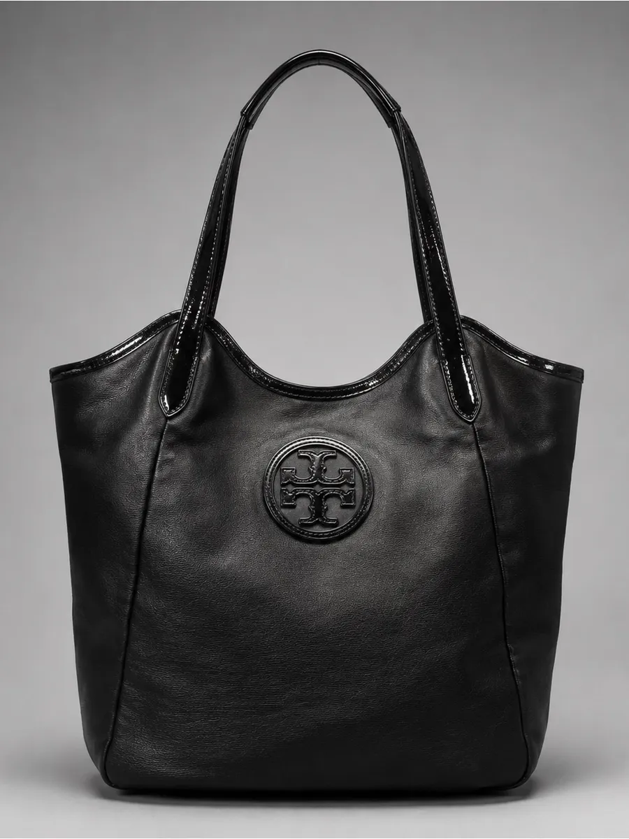 Tory Burch Tote Coated Canvas Patent Leather Logo Foldable Lightweight NICE 🔥 Black