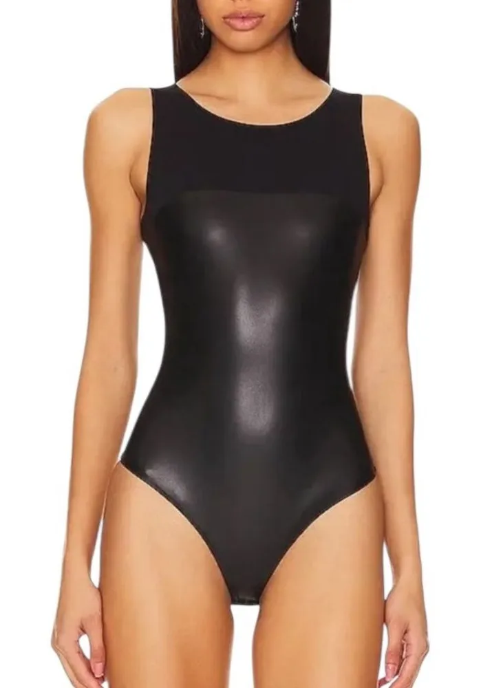 NWT Wolford Faux Leather Thong Bodysuit Black Size 38 or S