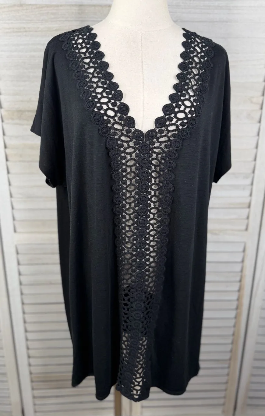 MERONA Women's Black Short Sleeve Pullover Beach/Swim Coverup Boho Crochet-Large