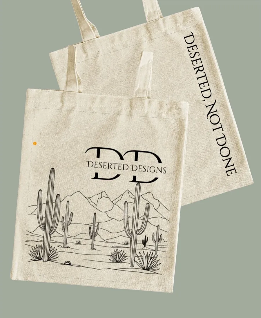 Deserted Designs Canvas Tote Bag Desert Cactus Graphic Reusable Shopping Bag Black