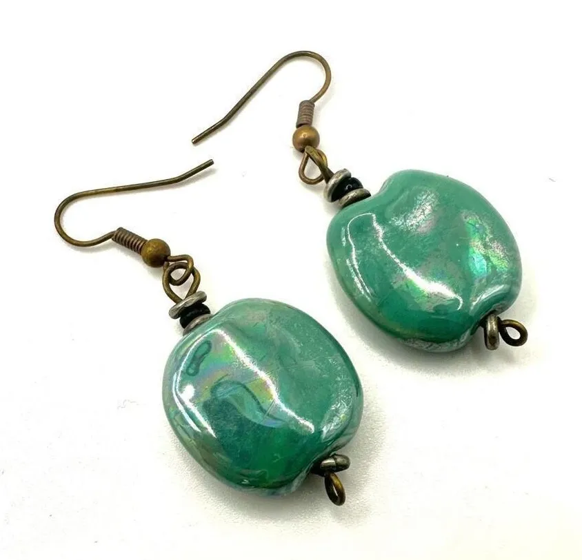 Green beaded drop earrings Green