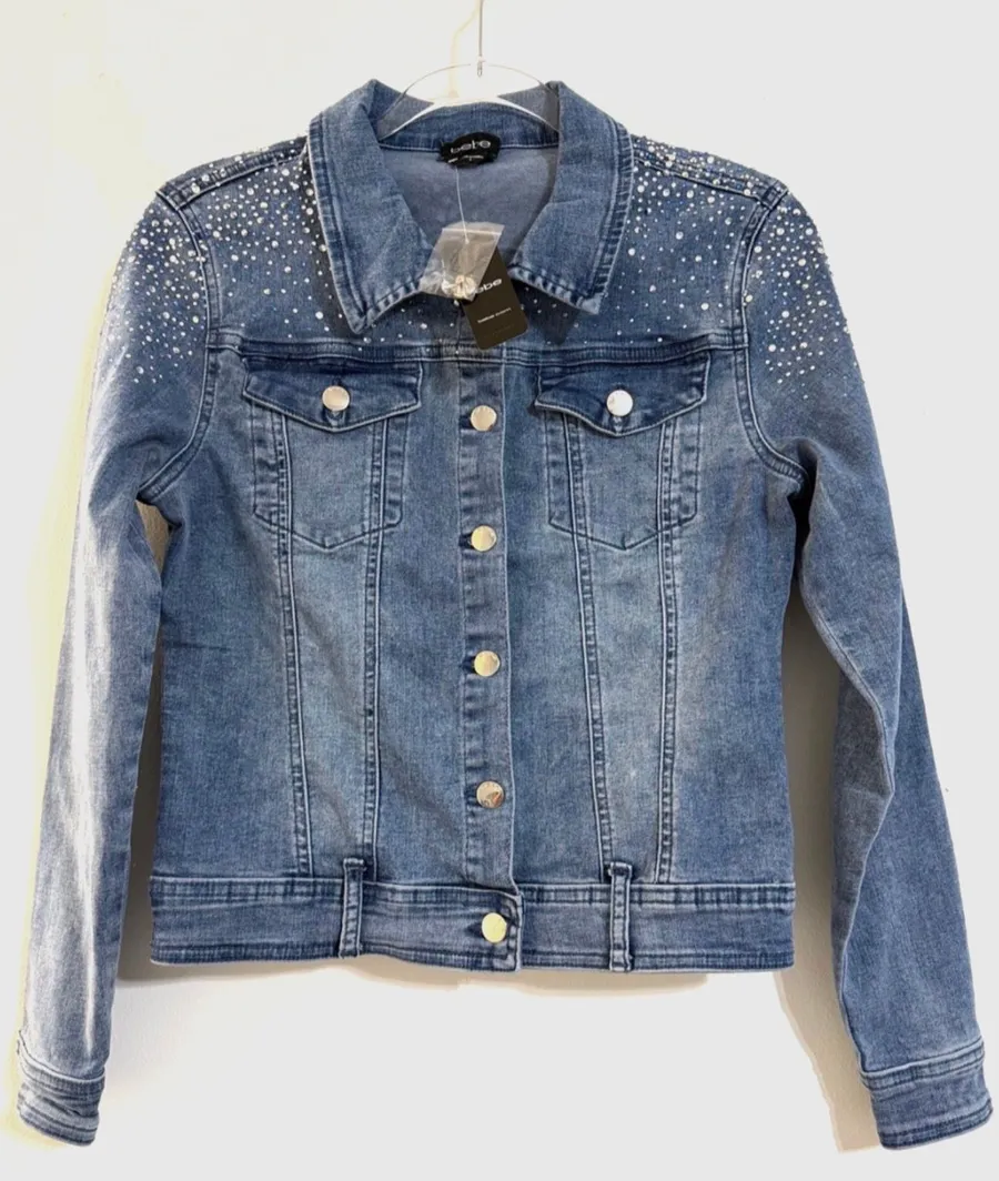 NWT bebe Denim Jacket Size S Rhinestone Blue Women’s