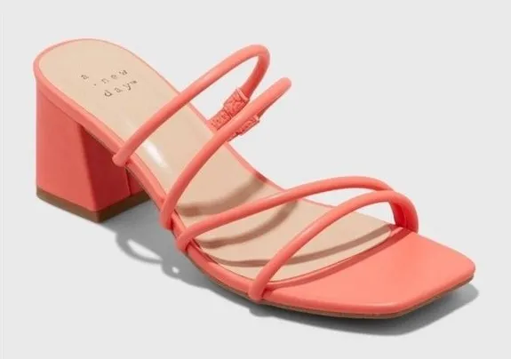 A New Day Women Orange Strappy Block Heel Square Toe Slide Sandals Size 8