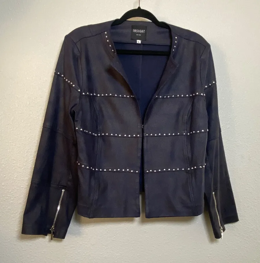 Insight Vegan Suede Grunge Punk Concert Studded Zip Faux Leather Jacket L Retro Blue Size L