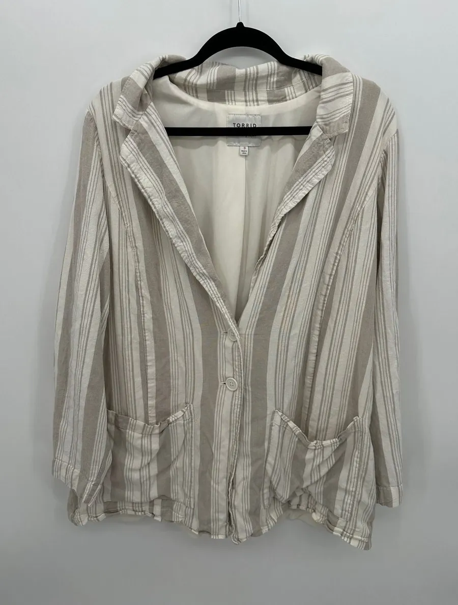Torrid Womens 3X Beige Striped Linen Blend Button Front Blazer Minimalist