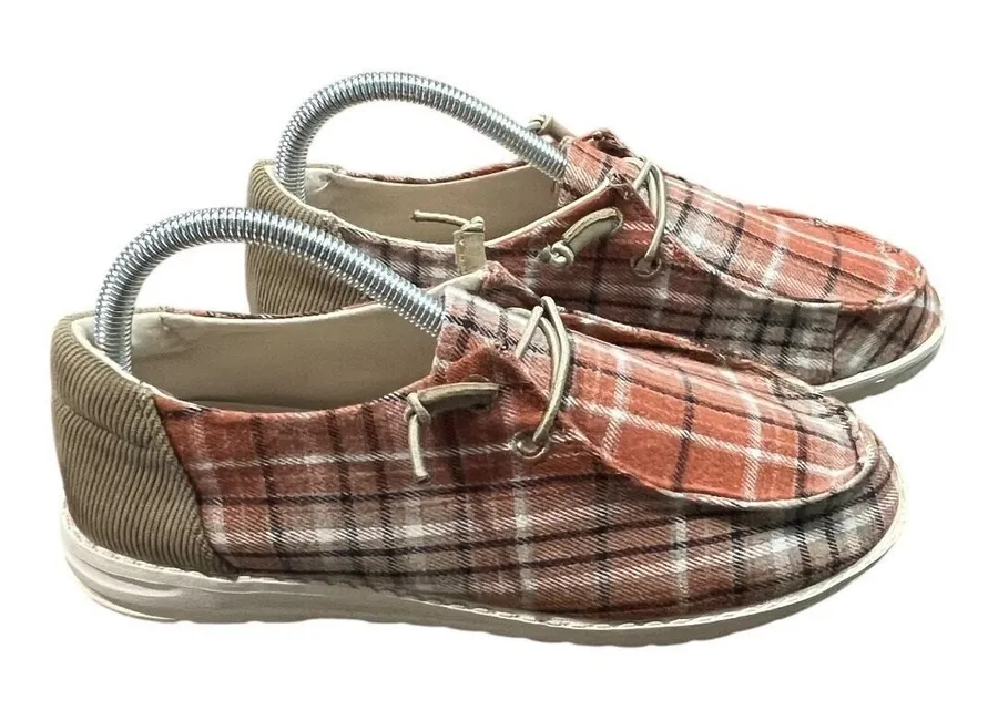 Plaid Slip On Loafers Womens 7.5M Orange Brown Corduroy Comfortable Fall