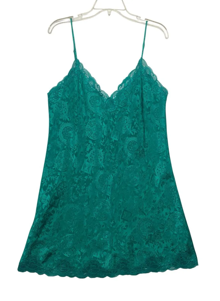 Victorias Secret size medium green paisley Lace Trim Teal Camisole Slip vintage