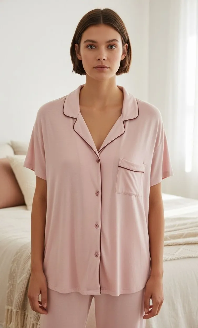 Shimera Pink Modal Button Down Pajama Top Short Sleeve Contrast Piping XL NEW