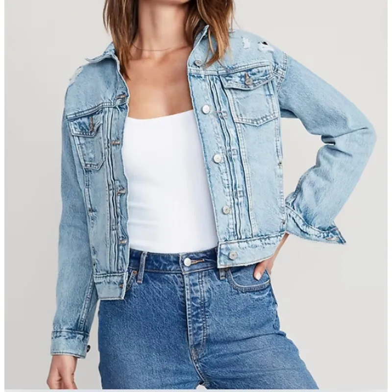 NWT Old Navy Womens Classic Skull Rose Distressed Denim Jean Jacket Size M Blue