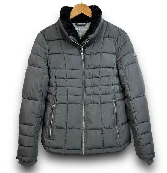 Womens Calvin Klein Repel 2 Degree Puffer Jacket Coat Faux Fur Collar Gray Small