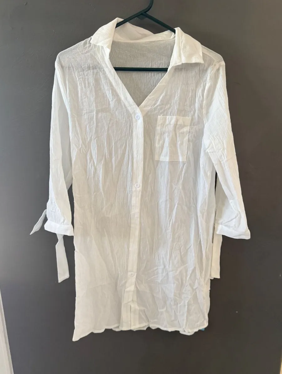 Popvil NWT White 100% Cotton Crinkle Gauze Button Down Beach Cover Up Shirt S