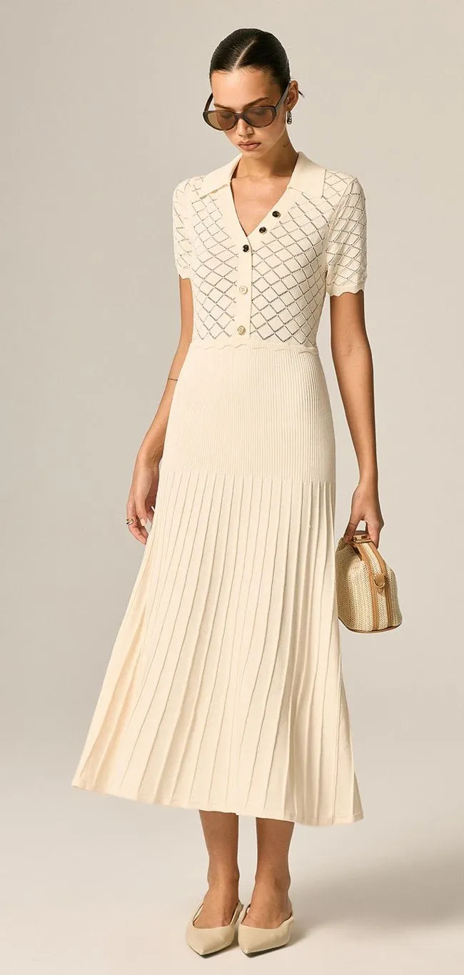 Commense Polo Collar Openwork Knit Pleated Maxi Dress Beige XS NWT