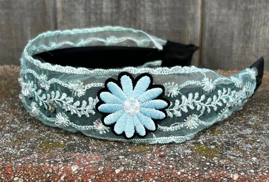 Headband with flower patch with crystals handmade brand new Blue