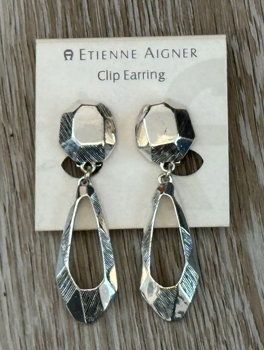 Etienne Aigner Vintage Clip On Earrings Shiny & Brushed Silver Tone Dangles