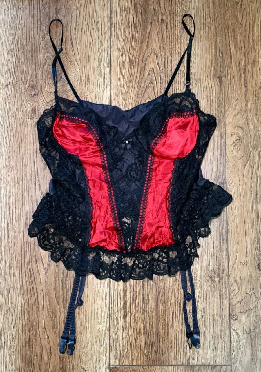 80s Nan Flower Red Black Lace Garter Camisole Top Made in USA Large Nylon Gothic