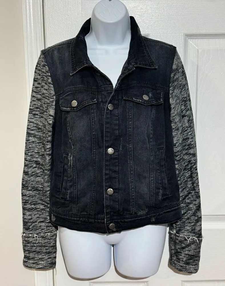 Free People Black Distressed Denim Jacket with Knit Sleeves size M